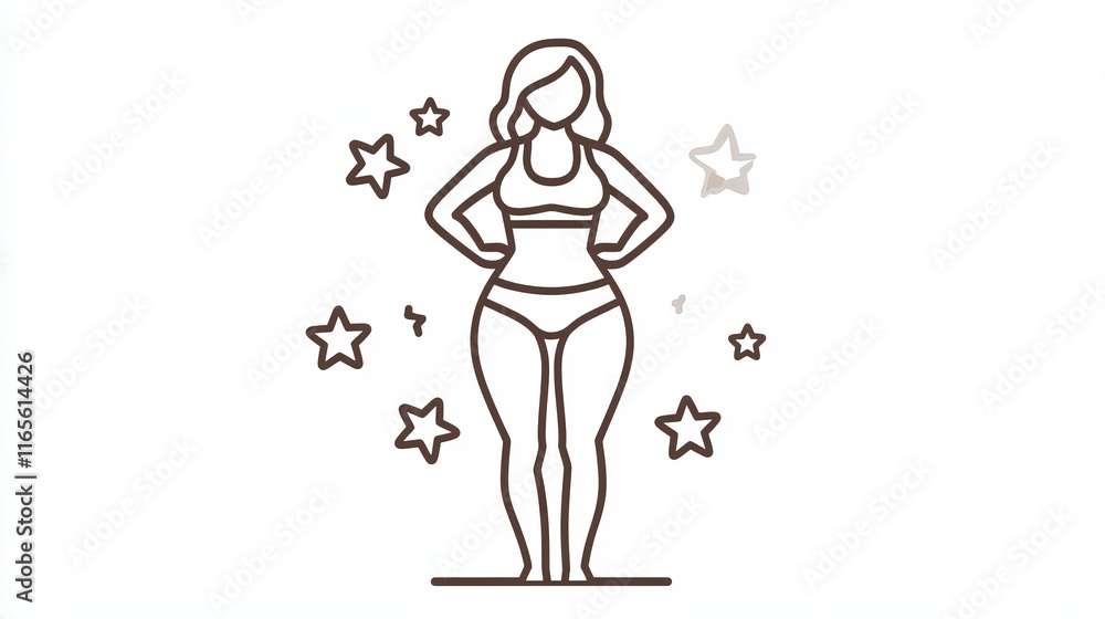 Weight control outline icon, body exercise thin line sign. Body exercise contour icon, diet nutrition minimalistic pictogram or fitness workout outline vector symbol with stars and woman slim waist Weight control outline icon, body exercise thin line sign. Body exercise contour icon, diet nutrition minimalistic pictogram or fitness workout outline vector symbol with stars and woman slim waist
