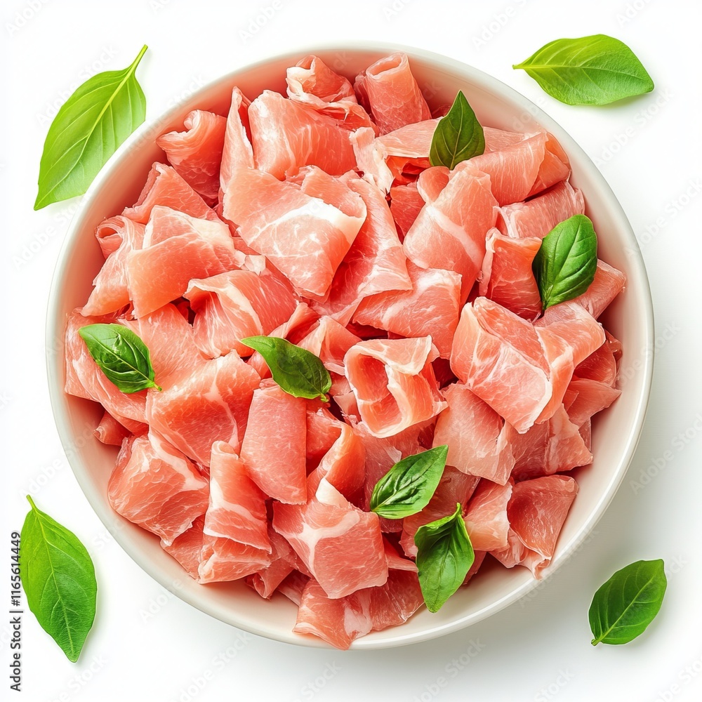 Prosciutto Isolated on White Background: Gourmet Cuisine, Italian Delicacy, Culinary Art, Charcuterie Board Essentials Prosciutto Isolated on White Background: Gourmet Cuisine, Italian Delicacy, Culinary Art, Charcuterie Board Essentials
