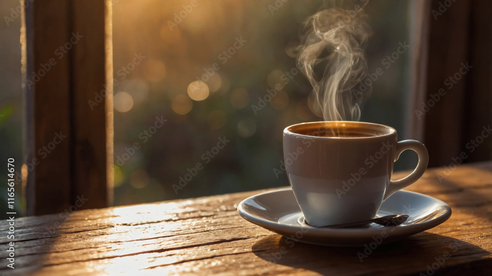 Obraz premium A cup of coffee on wood by a sunlit window is perfect for cozy café promotions, coffee blogs, or social media posts.