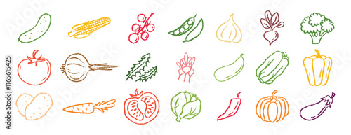 Vegetables icons chalk hand drawn doodle set. Drawing crayon vegetables 