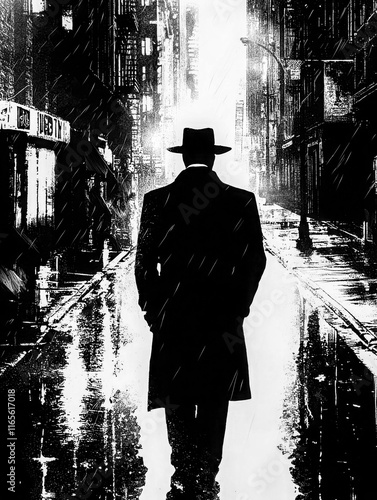 Black and white noir-style image of a lone man in a trench coat and hat walking down a rainy, dimly lit urban street