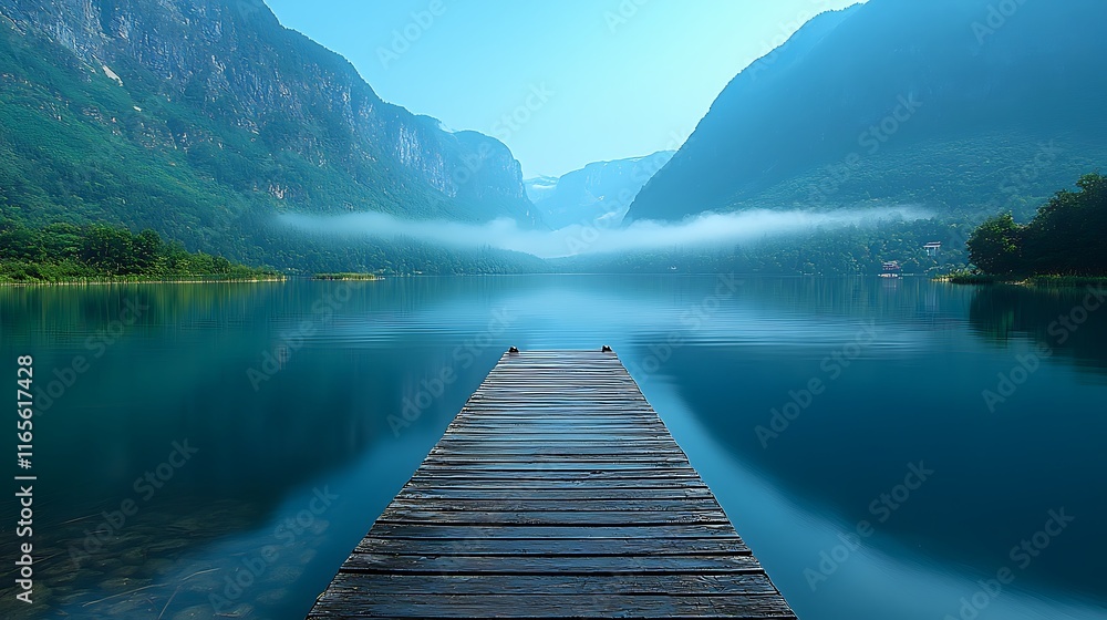 Serene lake with wooden dock, misty mountains reflecting on calm water at sunrise. Serene lake with wooden dock, misty mountains reflecting on calm water at sunrise.