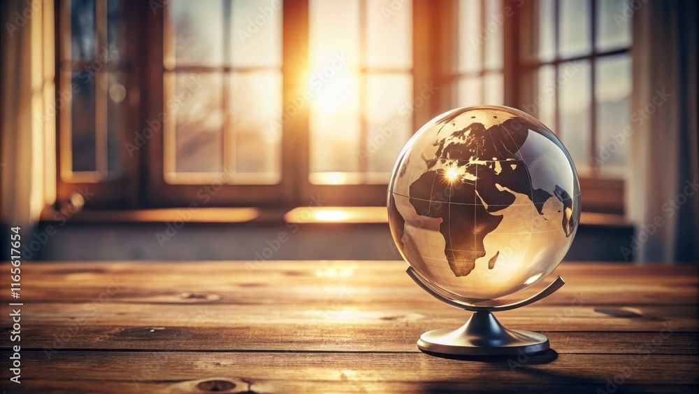 A glass globe rests on a wooden surface, bathed in the warm glow of sunrise filtering through a large window. A glass globe rests on a wooden surface, bathed in the warm glow of sunrise filtering through a large window.