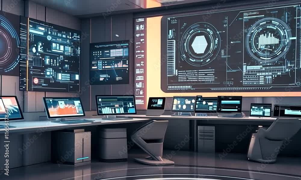 Futuristic control room with advanced technology displays. Futuristic control room with advanced technology displays.