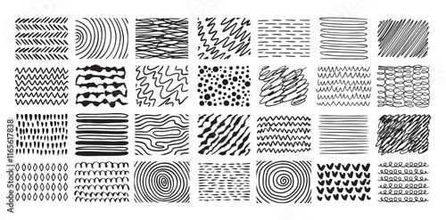Hand drawn crosshatch line drawing set. Different pen scratch. Doodle isolated vector. 