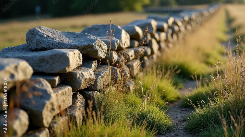 A long stone wall stretches across a field, bathed in the warm glow of the setting sun. The texture of the stones and the softness of the grasses create a serene landscape. A long stone wall stretches across a field, bathed in the warm glow of the setting sun. The texture of the stones and the softness of the grasses create a serene landscape.