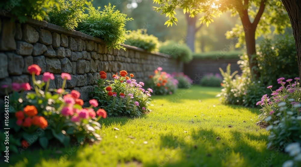 Vibrant flowers bloom along a rustic stone wall, bathed in the warm glow of the setting sun. A picturesque summer garden scene. Vibrant flowers bloom along a rustic stone wall, bathed in the warm glow of the setting sun. A picturesque summer garden scene.