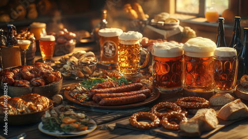 Oktoberfest beer festival, German Bavaria traditional fest food. Vector Oktoberfest craft beer in mug and bottle with sausages grill, pretzel and crayfish, malt hop and wheat spiklets photo