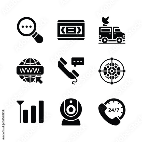 A set of icons representing various aspects of communication and information technology