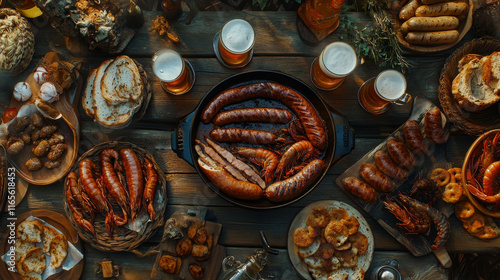 Oktoberfest beer festival, German Bavaria traditional fest food. Vector Oktoberfest craft beer in mug and bottle with sausages grill, pretzel and crayfish, malt hop and wheat spiklets photo