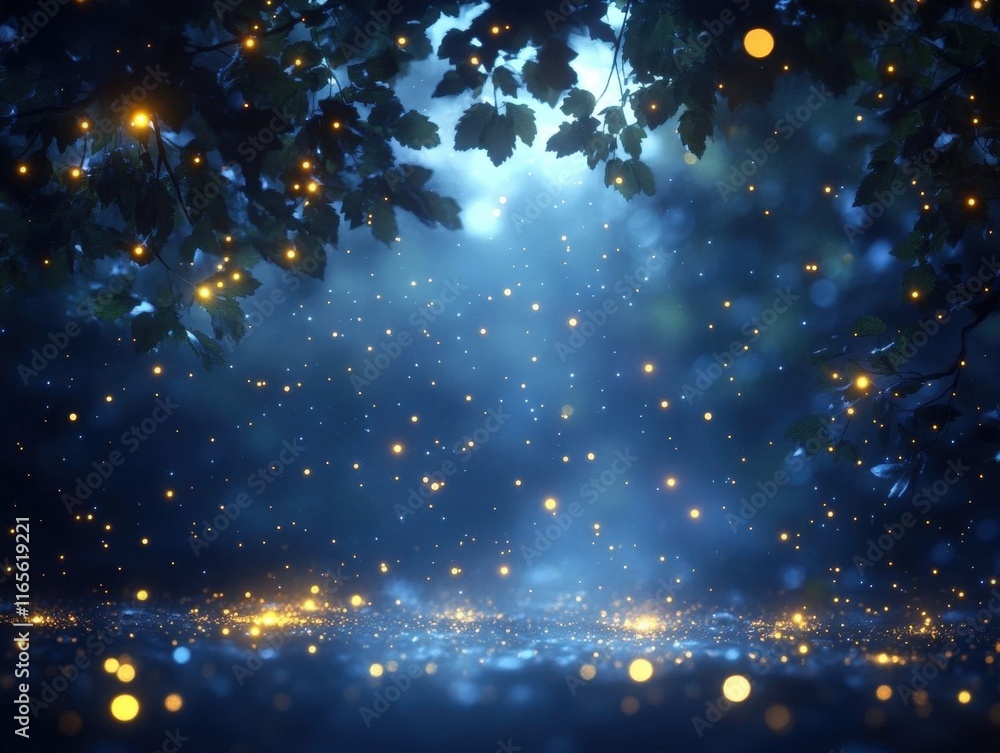 Fototapeta premium Magical night scene with fireflies and glowing particles.