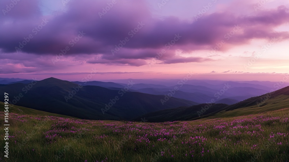 Obraz premium Breathtaking sunrise over Carpathian Mountains with vibrant purple and pink sky hues, endless blooming rhododendron sea on grassy hills, serene natural beauty, sunlight bathed landscape,