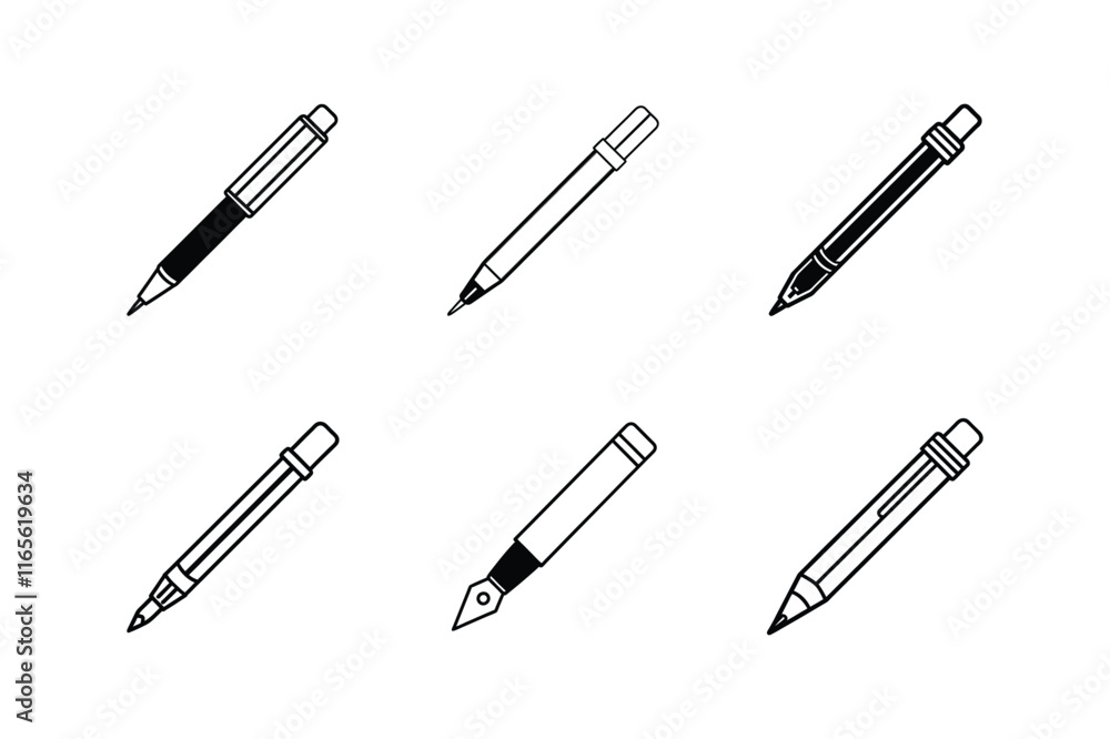 pen icon line art vector illustration, set of pens pen icon line art vector illustration, set of pens