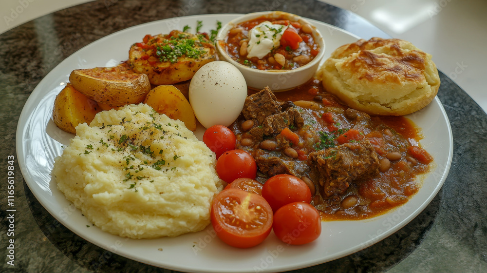 Bulgarian cuisine healthy lunch dish icon. Tomato and pepper stew lecho, mashed potato with cheese and beef vegetable stew with bean, fried bell pepper, onion egg pie, nut cookie and cream fruit cake Bulgarian cuisine healthy lunch dish icon. Tomato and pepper stew lecho, mashed potato with cheese and beef vegetable stew with bean, fried bell pepper, onion egg pie, nut cookie and cream fruit cake