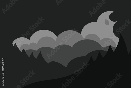 Abstract grayscale landscape of mountains and clouds at night.