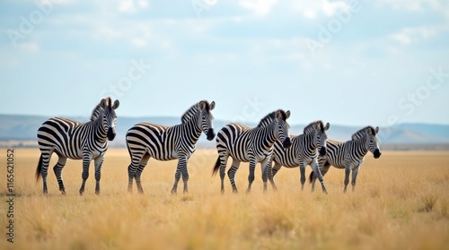 A small herd of zebras grazes in a sun-drenched savanna. Their black and white stripes stand out against the golden grass under a bright sky.