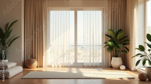 Sunlight streams into a minimalist room with beige curtains, a yoga mat, and potted plants. A serene and peaceful atmosphere.