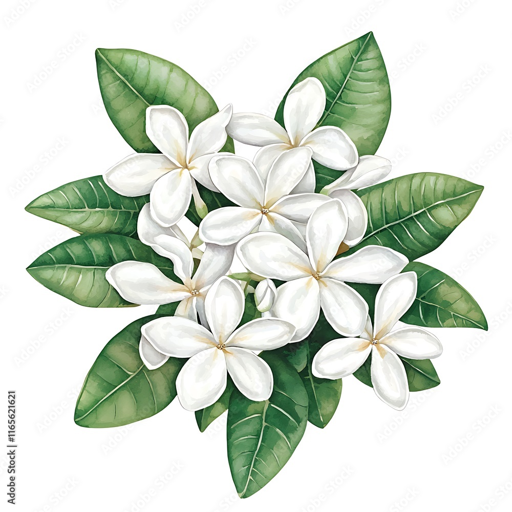 Watercolor Painting of a Bouquet of Fragrant White Plumeria Flowers with Lush Green Leaves. Watercolor Painting of a Bouquet of Fragrant White Plumeria Flowers with Lush Green Leaves.