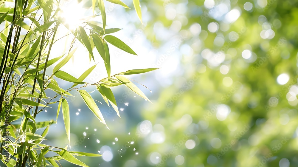 Naklejka premium Sunlit bamboo leaves and bokeh background.