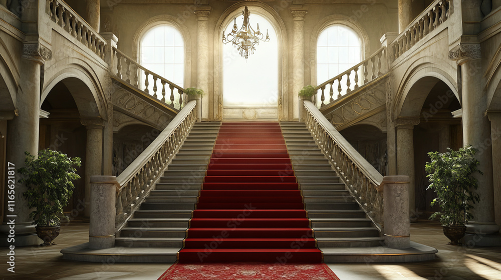 Castle and palace staircase. Stone or marble stair with red carpet. Fantasy ballroom marble staircase, theater ladder or royal palace vector stairway, medieval castle interior element with red carpet Castle and palace staircase. Stone or marble stair with red carpet. Fantasy ballroom marble staircase, theater ladder or royal palace vector stairway, medieval castle interior element with red carpet