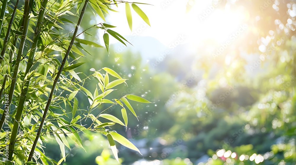 Obraz premium Sunlit bamboo leaves and blurry background.