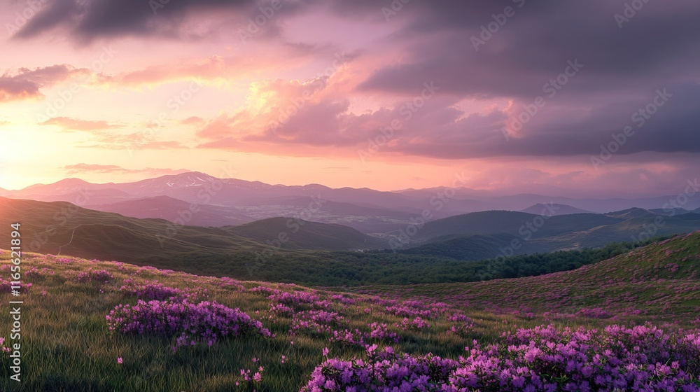 Fototapeta premium Breathtaking sunrise over Carpathian Mountains with vibrant purple and pink sky hues, endless blooming rhododendron sea on grassy hills, serene natural beauty, sunlight bathed landscape,