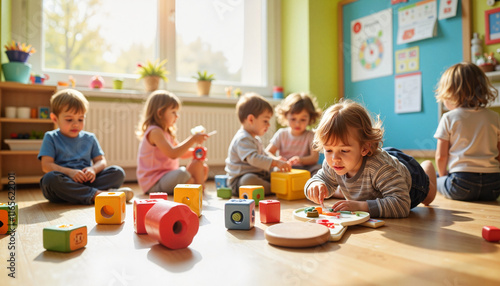 Joyful kindergarten children playing with colorful toys in classroom, creativity
