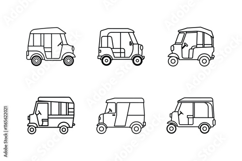  tuk tuk line art vector illustration, set of transport
