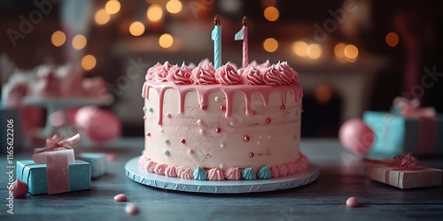 Elegant pink birthday cake with candles and gifts. photo