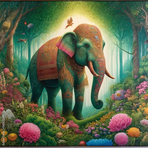 elephant statue at sunset :A richly detailed painting depicts a majestic elephant, intricately decorated, in a lush Himmapan forest.  Birds fly above.  photo