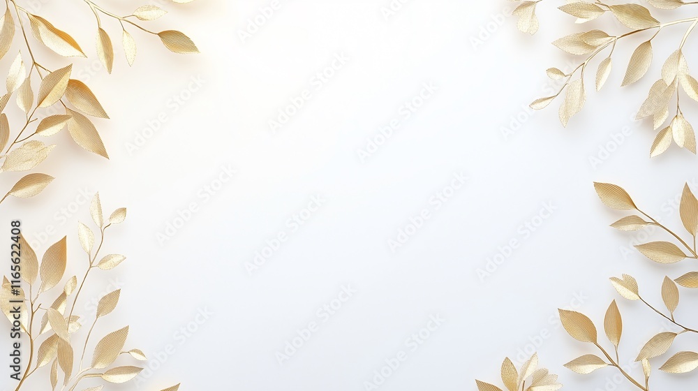 Flat lay top view of a white card with copy space. Minimalistic gold floral decorations. Wedding invitation card. Generative AI 