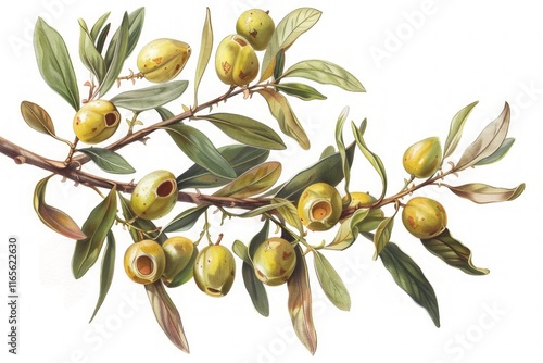 Botanical Illustration of Jojoba Branch with Ripe Green Fruits and Leaves for Natural and Organic Design photo