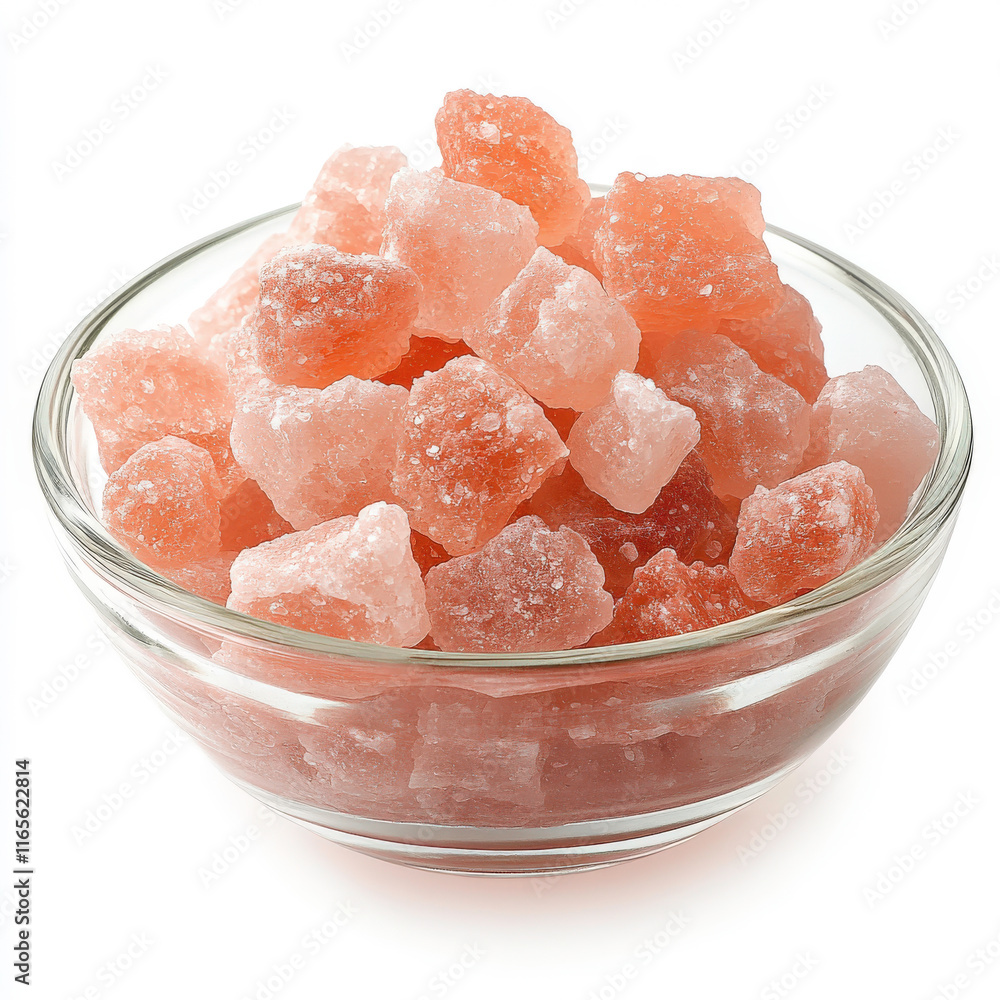 Close-Up of Colorful Rock Candy Crystals in a Clear Glass Bowl Isolated on White Background, Perfect for Food and Dessert Themes in Photography Close-Up of Colorful Rock Candy Crystals in a Clear Glass Bowl Isolated on White Background, Perfect for Food and Dessert Themes in Photography