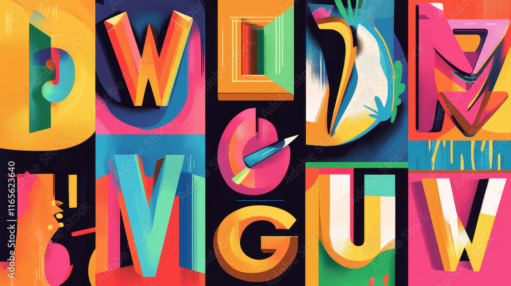 Tall font typography book covers, alphabet poster layout templates, showcasing bold shapes, clean lines and vibrant color. Vector retro-modern posters with narrow abc letter characters in trendy style Tall font typography book covers, alphabet poster layout templates, showcasing bold shapes, clean lines and vibrant color. Vector retro-modern posters with narrow abc letter characters in trendy style