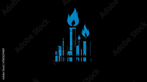 Gas and oil industry icon with black silhouette of industrial plant with storage tanks, pipelines and  blue flame above photo