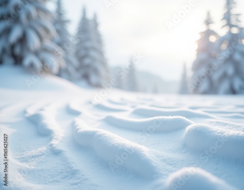 Winter wonderland: Soft, undulating snow drifts create a serene landscape. Sunlight filters through snow-covered evergreen trees, casting a gentle glow on the pristine white expanse.