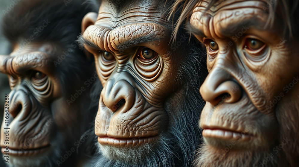 Three serious, concerned primates faces heads apes monkeys close up. Three serious, concerned primates faces heads apes monkeys close up.