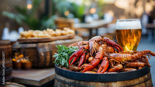 Beer bar fast food menu retro vintage poster, crayfish snacks. Vector Oktoberfest beer festival and brewery pub advertisement, pint mug and wooden barrel, traditional beer brewing festival photo