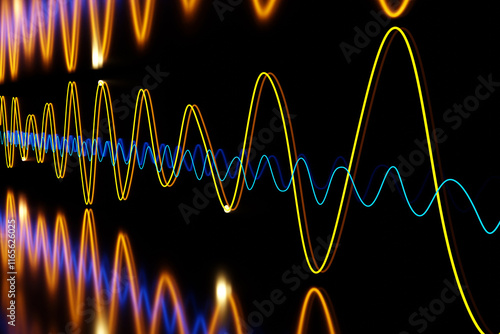 Принти на полотні Orange neon glowing sine wave and a blue trigonometric curve reflected by mirrors in black background