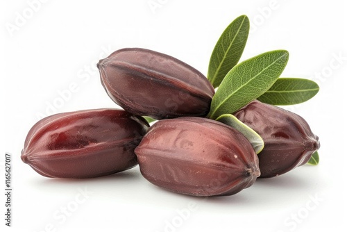 Close-up of fresh jojoba seeds with vibrant green leaves on a white background, showcasing natural beauty and organic quality.