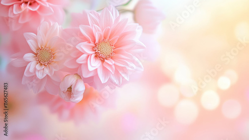 Delicate pink flowers with soft blurred background create dreamy atmosphere. Perfect for romantic themes and spacious copy space