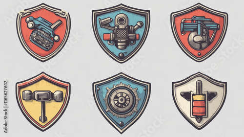 Car repair service badges with auto spare part icons. Vehicle engine, spanner and wheel, tire, piston and spark plug on vintage shields. Mechanic garage label and transportation theme photo