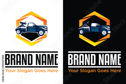modern simple towing truck hexagon illustrator vector logo design