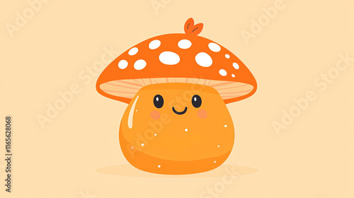 Funny orange saffron milk cap mushroom cartoon character with circles on the vase shaped cap for vegetarian or healthy nutrition design photo