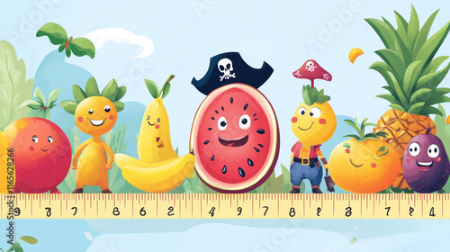 Kids height chart, cartoon fruit pirates and corsairs growth meter. Vector stadiometer ruler with quince, watermelon, apple, and pineapple, lemon, peach, pear and orange, banana or garnet filibusters photo