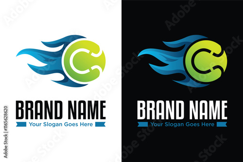 Simple modern tennis ball with fire letter C illustrator vector logo design