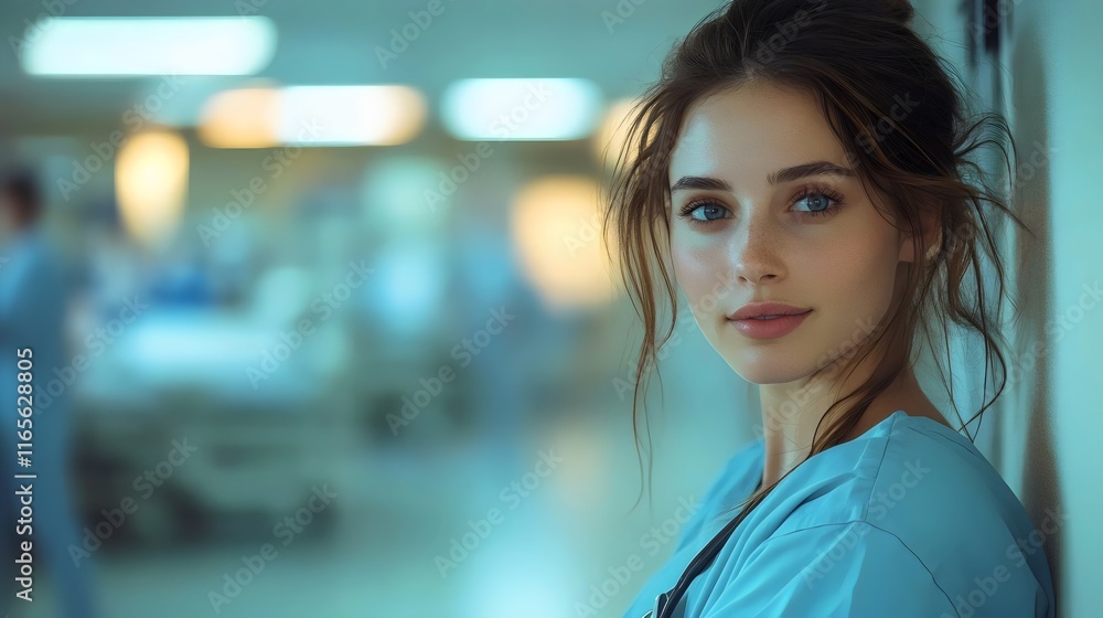 A woman in a blue scrubs is standing in a hospital hallway A woman in a blue scrubs is standing in a hospital hallway