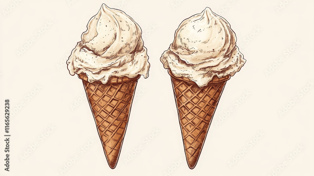 Waffle cone ice-cream isolated refreshing summer dessert sketch. Vector gelato ice cream hand drawn fastfood snack Waffle cone ice-cream isolated refreshing summer dessert sketch. Vector gelato ice cream hand drawn fastfood snack