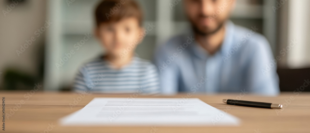 Father and son discussing important documents at table, focused on plans Father and son discussing important documents at table, focused on plans