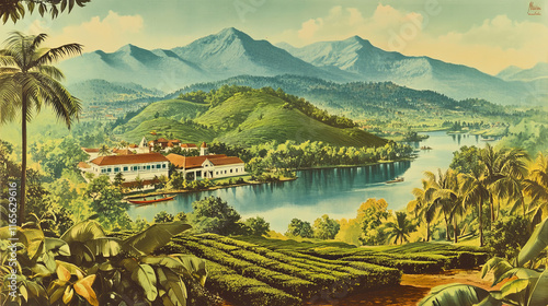 Kerala state of India vector vintage travel plate. Indian tea plantation of Munnar hills, nature landscape signs and sticker. Keralam state on Malabar Coast of India. Kochi city natural scenery photo